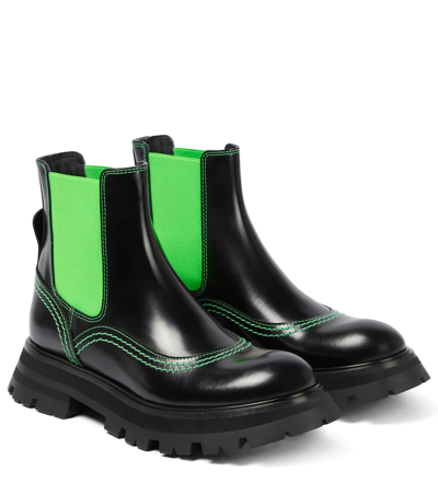 Alexander Mcqueen Wander Leather Chelsea Boots In Black/acid Green