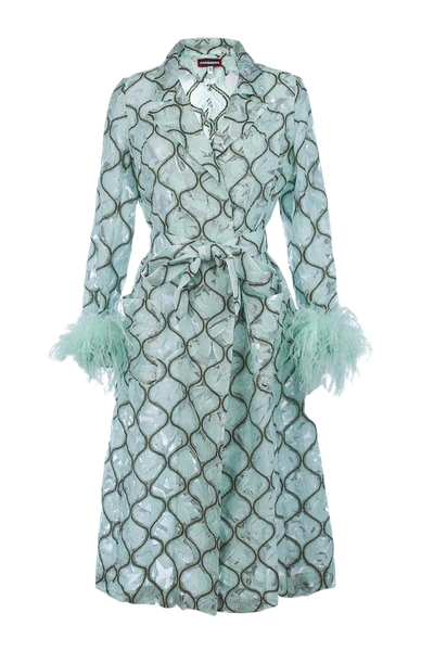 ANDREEVA MINT COAT № 23 WITH DETACHABLE FEATHERS CUFFS