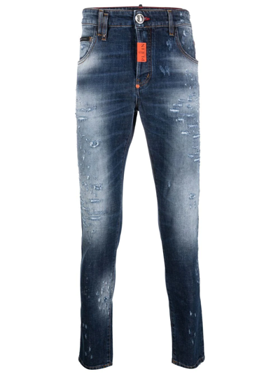 Philipp Plein Oversized-patch Distressed Skinny Jeans In Blau