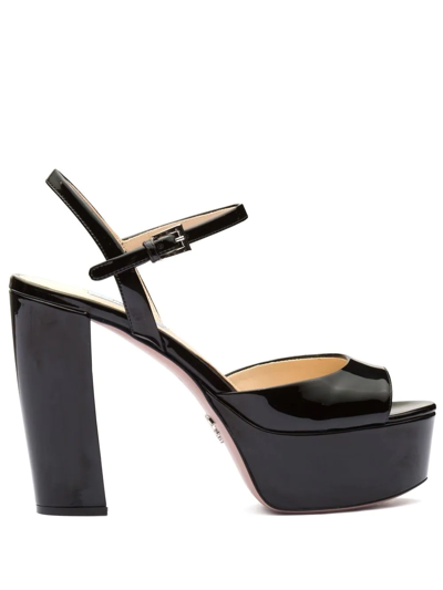 Prada High-heeled Patent Leather Sandals In Black
