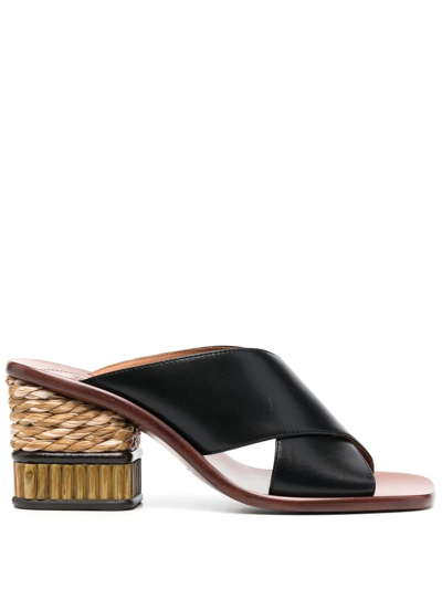 Chloé Laia Raffia-trimmed Leather Mules In Black