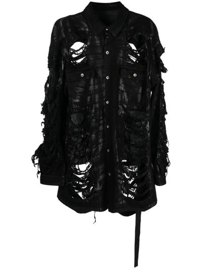 Rick Owens Drkshdw Strobe Oversized Distressed Coated-denim Jacket In Black