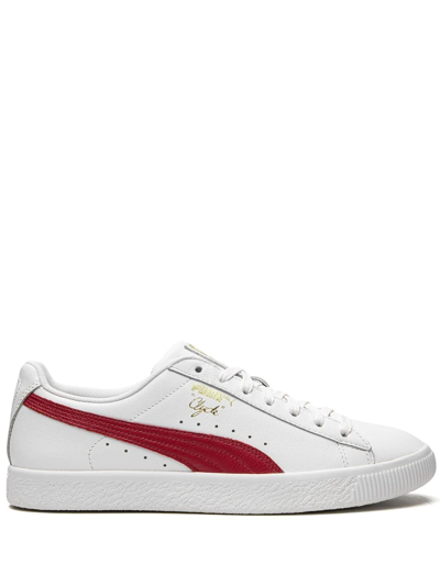 Puma Clyde Core Leather Sneakers In White Violet- Gold
