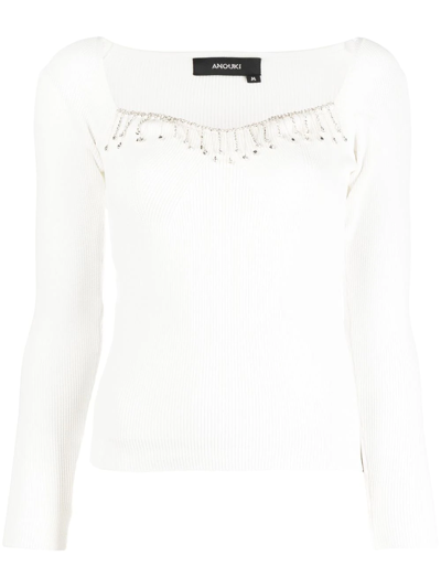 Anouki Crystal-embellished Neckline Knit Jumper In White