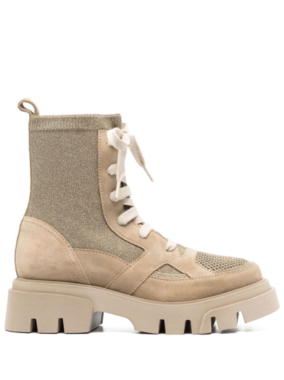 Brunello Cucinelli Round-toe Lace-up Ankle Boots In Gold