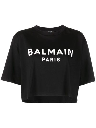 Balmain Black Crop T-shirt In Jersey With Contrasting Logo Print On Front