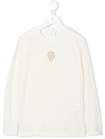 Eleventy Teen Logo-embroidered Long-sleeved T-shirt In Bianco/beige