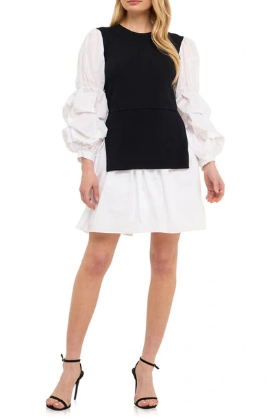 English Factory Mixed Media Long Sleeve Minidress In Black/ White