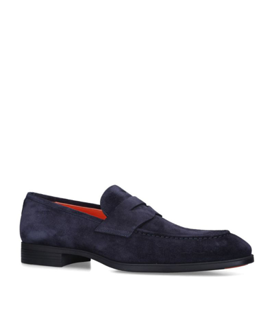 Santoni Imam Suede Penny Loafers In Navy