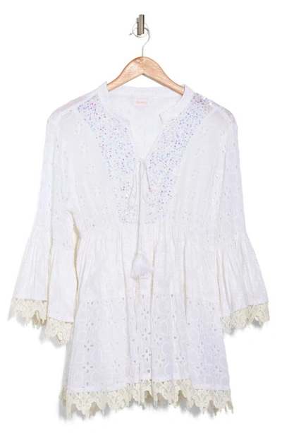 Ranee's Sequin Embroidered Eyelet Tunic Top In White