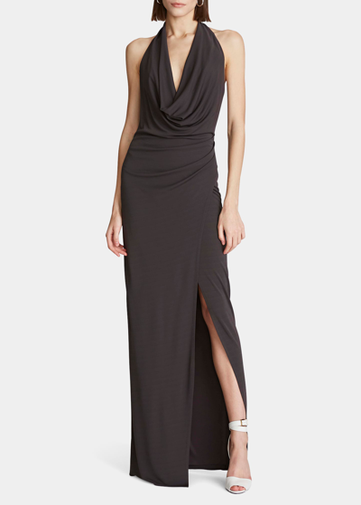 Halston Emery Draped Jersey Halter Gown In Brown