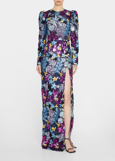J Mendel Floral-embroidered Sequined Column Gown In Multi
