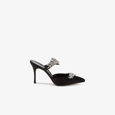 MANOLO BLAHNIK BLACK LURUM 90 SATIN MULES,9XX036217903119