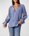 Joie Cecarina Ruched Bell-sleeve Tassel Top In Bijou Blue