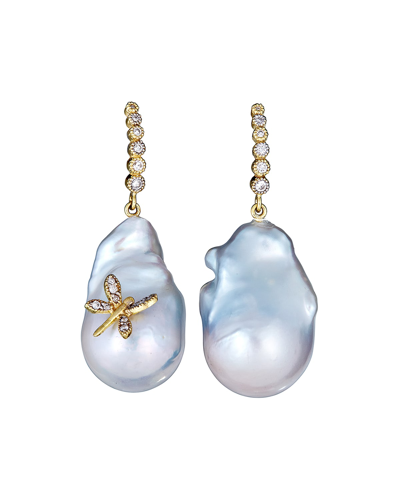 Tanya Farah 18k Yellow Gold Pearl-drop Diamond Dragonfly Earrings In Blue