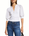 Veronica Beard Jeans Coralee Knit Button-front Puffed Sleeve Top In White