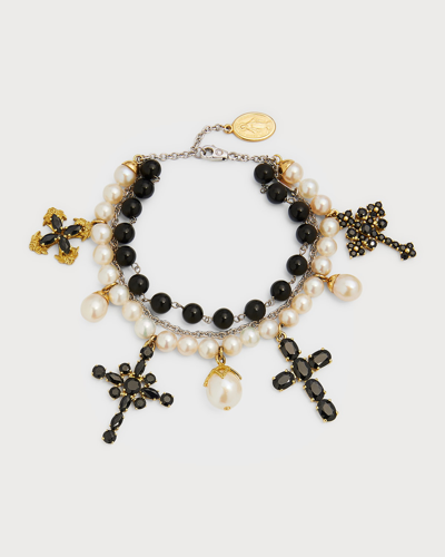 Dolce & Gabbana 18k White Gold Beaded Black Jade And Freshwater Pearl Bracelet With Black Sapphire Cross