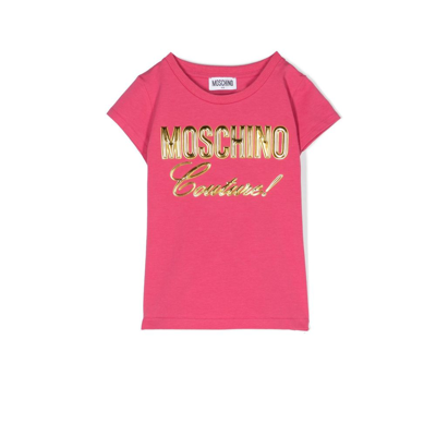 Moschino Kids' Pink Galvanic Couture Logo Print Cotton T-shirt