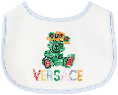 Versace Baby White & Blue Embroidered Bib In 6w580