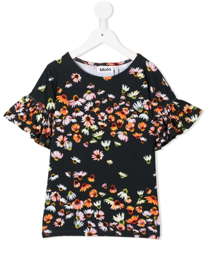 Molo Kids' Floral-print Ruffle-sleeve T-shirt In Black