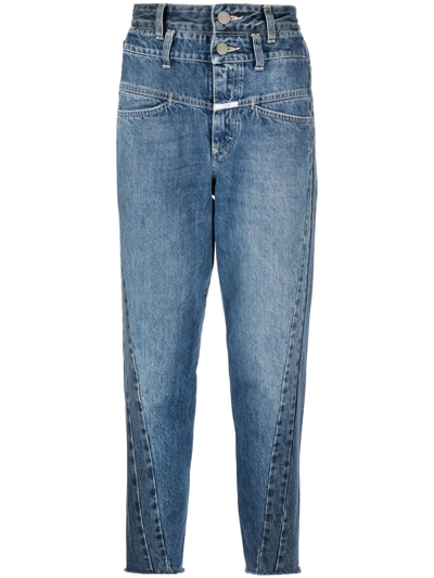 Closed X-lent Patched High Waist Tapered Jeans In Mid Blue
