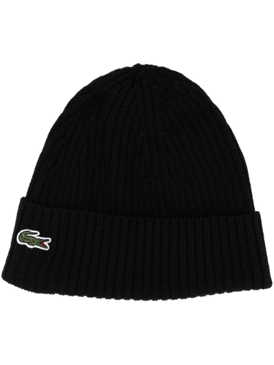 Lacoste Crocodile-patch Wool Beanie In Schwarz