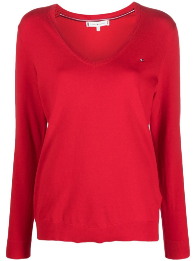 Tommy Hilfiger Logo-embroidered V-neck Sweater In Rot | ModeSens