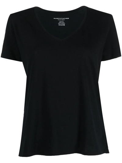 Majestic Stretch-linen Semi-relaxed V-neck Tee In Black