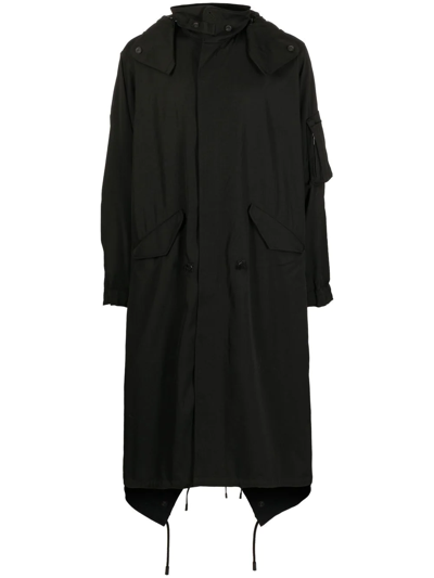 Yohji Yamamoto Concealed Front-fastening Hooded Coat In Black Wool