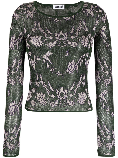 Koché Floral-embroidered Knit Top In Green