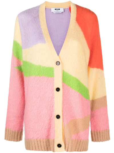 Msgm Mohair Blend Intarsia Knit Cardigan In Yellow
