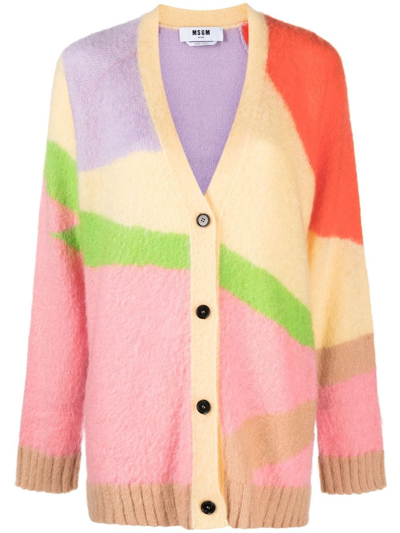 Msgm Mohair Blend Intarsia Knit Cardigan In Multi-colored