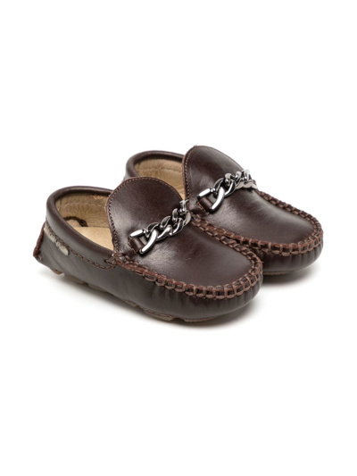 Babywalker Chain-link Leather Mocassins In Brown