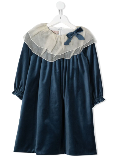 La Stupenderia Kids' Velvet-effect Bow-detail Dress In Blue