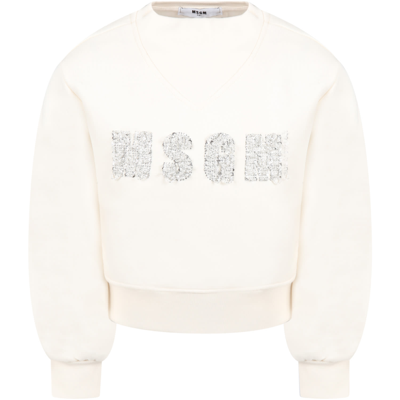 Msgm Kids' Ivory Sweatshirt For Girl With Logo In Crema