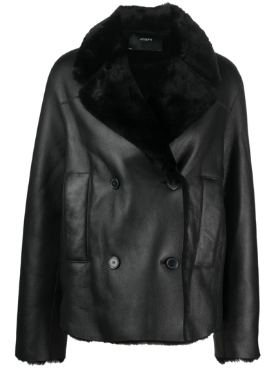 Joseph Calla Shearling Leather Peacoat In Black