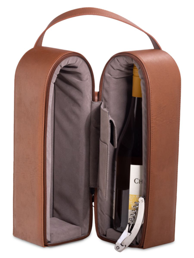 Bey-berk Leather Wine Bottle Carrier Caddy Travel Bag & Tool Set In Brown