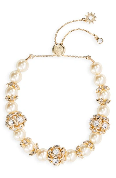 Marchesa Gold-tone Imitation Pearl & Crystal Button Slider Bracelet
