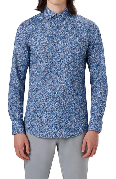 Bugatchi Shaped Fit Abstract Print Stretch Cotton Button-up Shirt In Night Blue