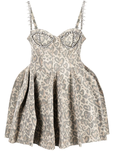Area Leopard Print Denim Dress W/ Studded Trim In Brown
