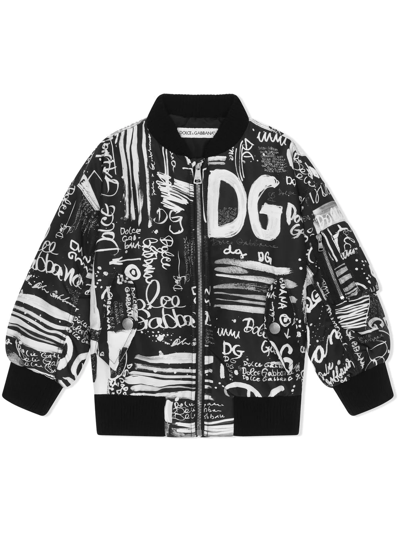 Dolce & Gabbana Kids' Graffiti-print Bomber Jacket In Logo2 Bco Fdo.nero