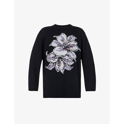 Yohji Yamamoto Floral-pattern Ribbed-trim Wool-knit Jumper In Black