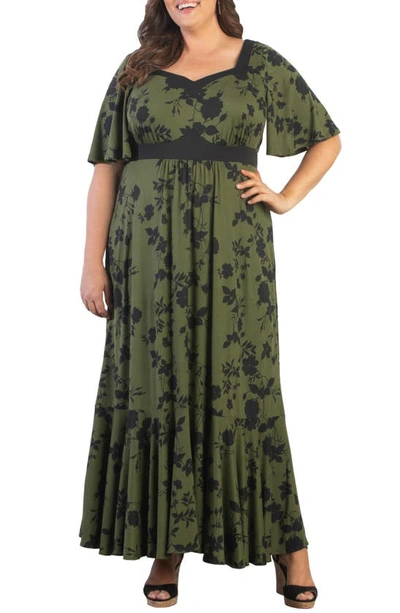 Kiyonna Icon Sweetheart-neck Maxi Dress In Olive Floral Impressions