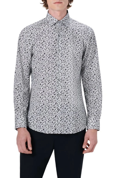 Bugatchi Shaped Fit Floral Print Stretch Cotton Button-up Shirt In Platinum