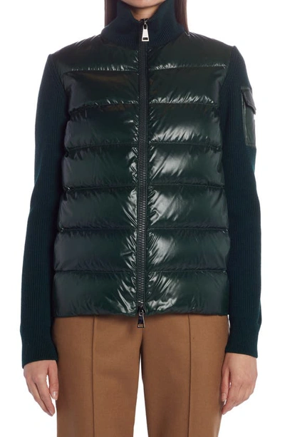 Moncler Quilted Down & Wool Short Cardigan In Green