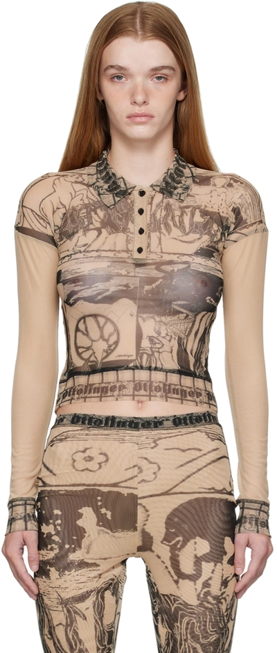 Ottolinger Graphic-print Mesh Polo Shirt In Beige