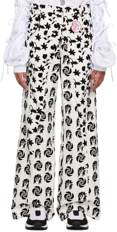 Chopova Lowena Flocked Cotton Wide Leg Jeans In Black/ White