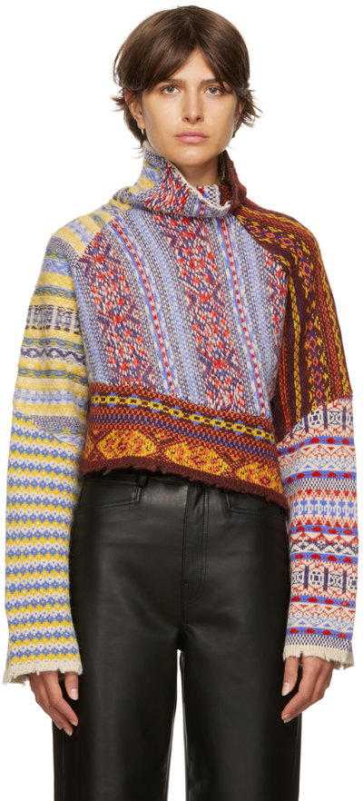 Rag & Bone Hollis Cropped Distressed Fair Isle Wool-blend Turtleneck Sweater In Blue Multi