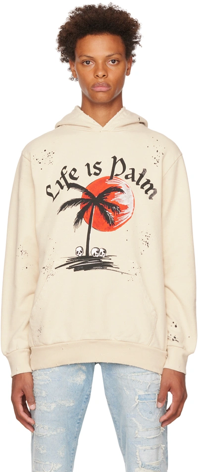 Palm Angels Life Is Palm Graphic-print Cotton-jersey Hoody In Beis