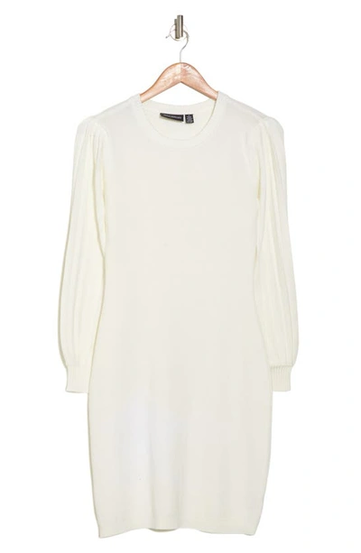 Nina Leonard Pleated Bubble Sleeve Sweater Dress In Ivory